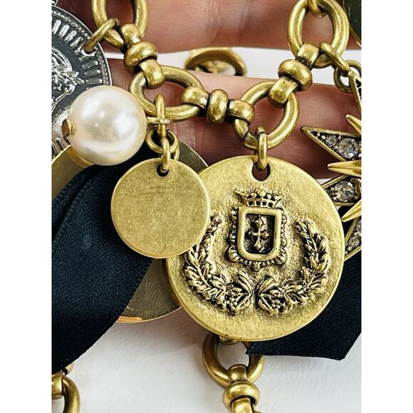 J.Crew Coin Charm Necklace Crystal Star Black Chunky Gold Heavy Rare Unique Disc - Picture 8 of 16
